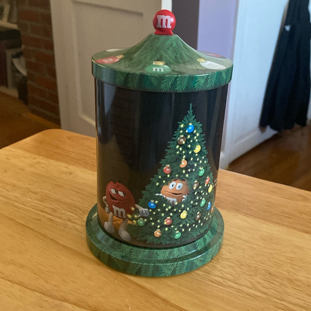 M&M’s Christmas themed tin canister that plays Deck the halls